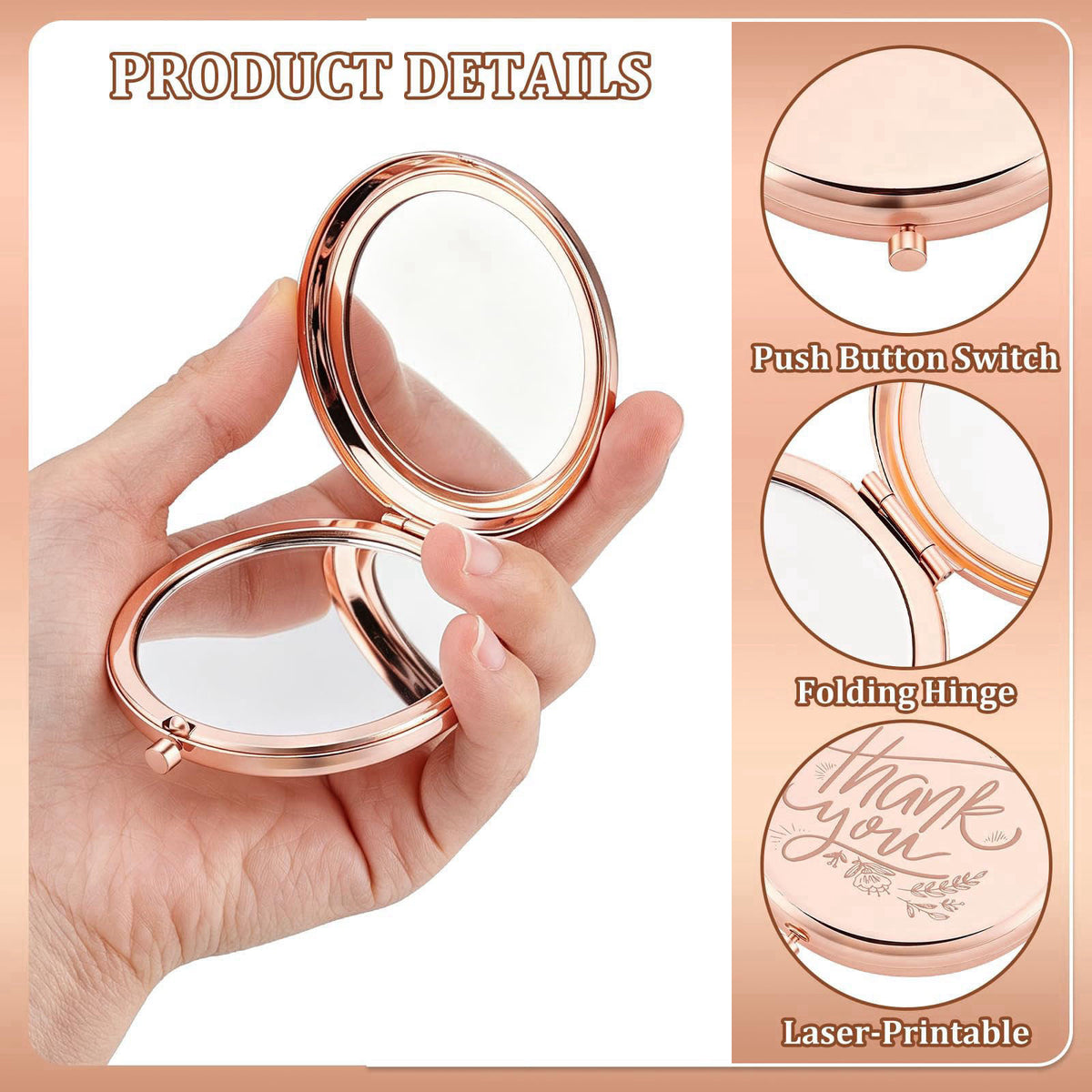 arricraft 10 Pcs Compact Mirror for Purse, 2.79 Inches Rose Golden Cute Beauty Hand Held Mirrors Pocket Mirror Compact C