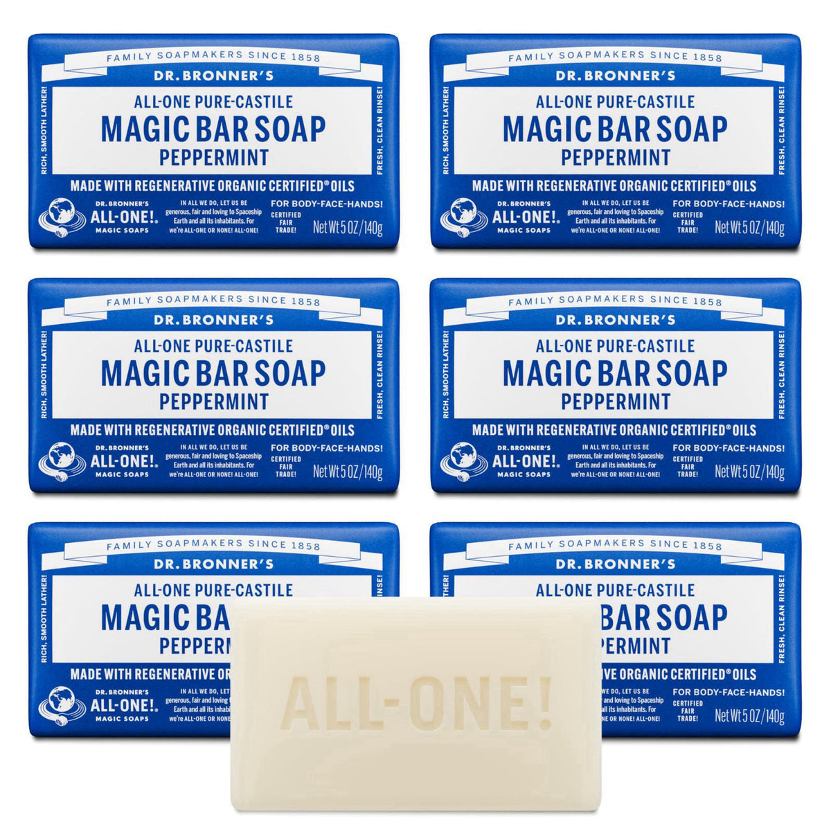 Dr. Bronner's Castile Bar Soap for Men & Women, Peppermint, 5 oz, 6-Pack – product photo (Soaps)