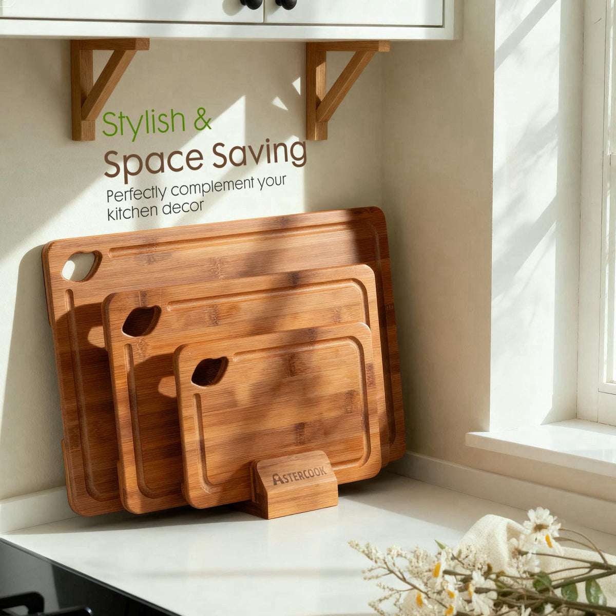 Astercook Bamboo Cutting Boards for Kitchen – close-up detail in Brown