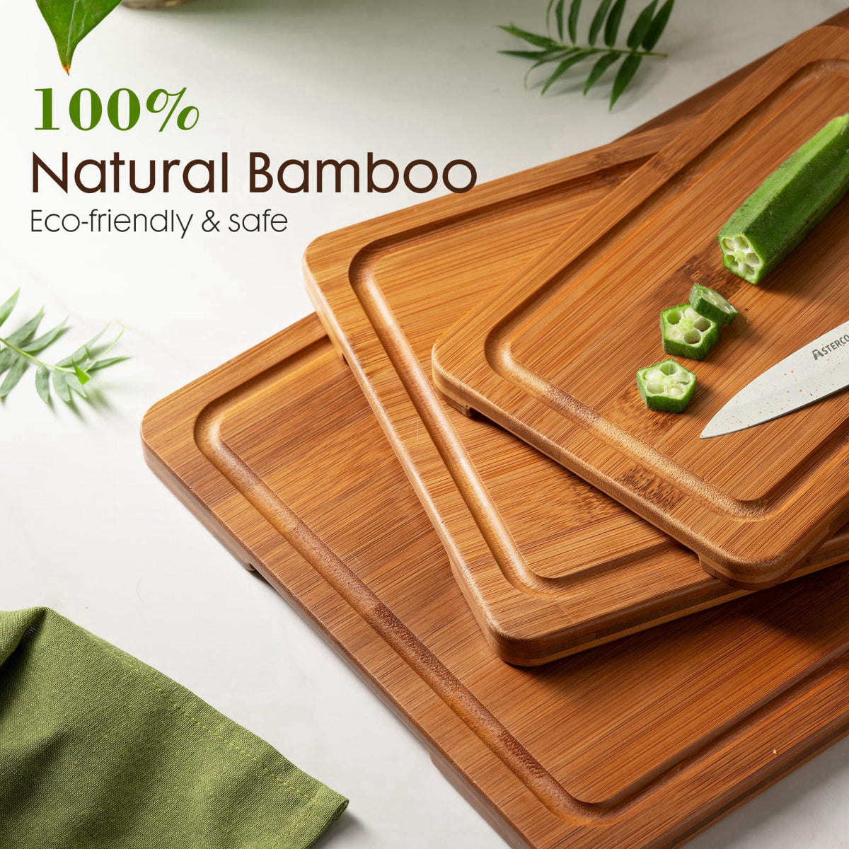 Astercook Bamboo Cutting Boards for Kitchen – back view and specifications