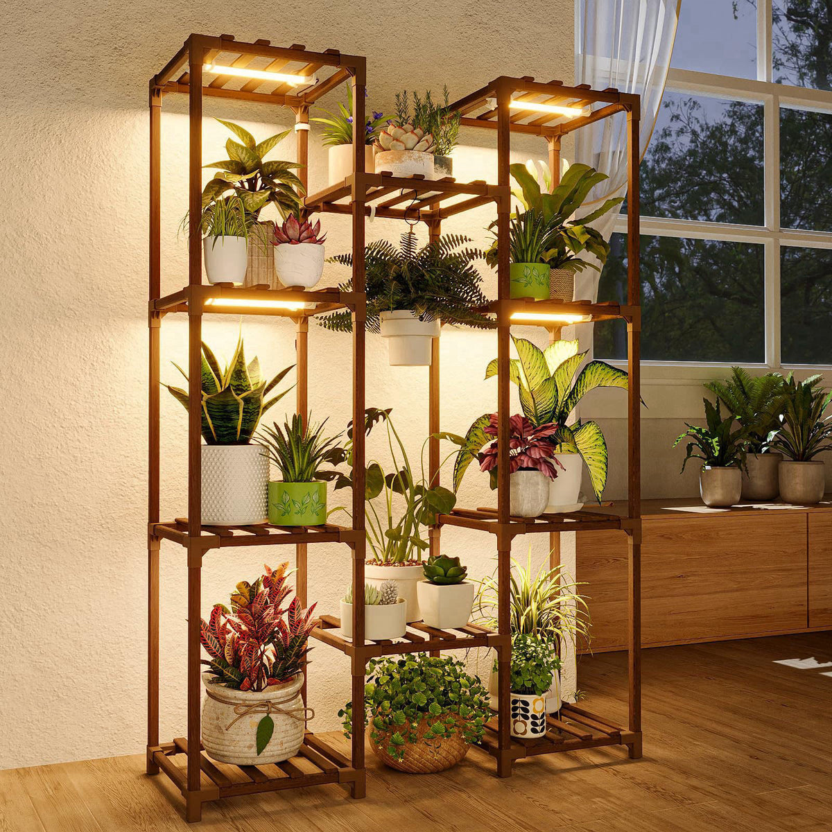 Bamworld Plant Stand with Grow Light Plant Shelf for Mutiple Pots Large Plant Holder for Living Room Patio Boho Home Dec