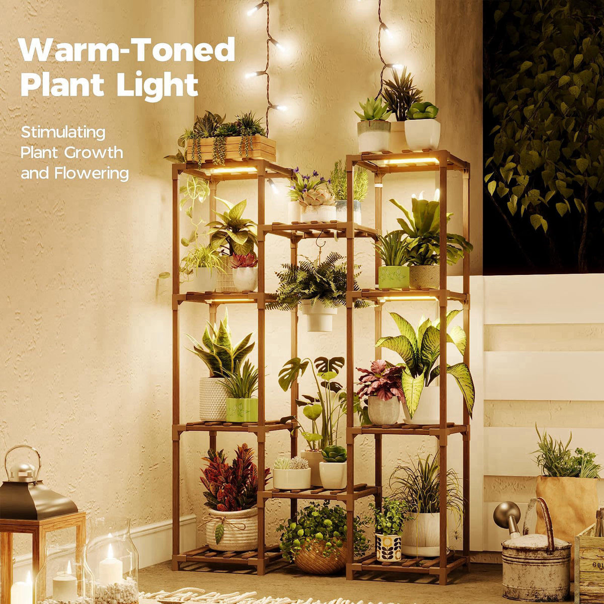 Bamworld Plant Stand with Grow Light Plant Shelf for Mutiple Pots Large Plant Holder for Living Room Patio Boho Home Dec