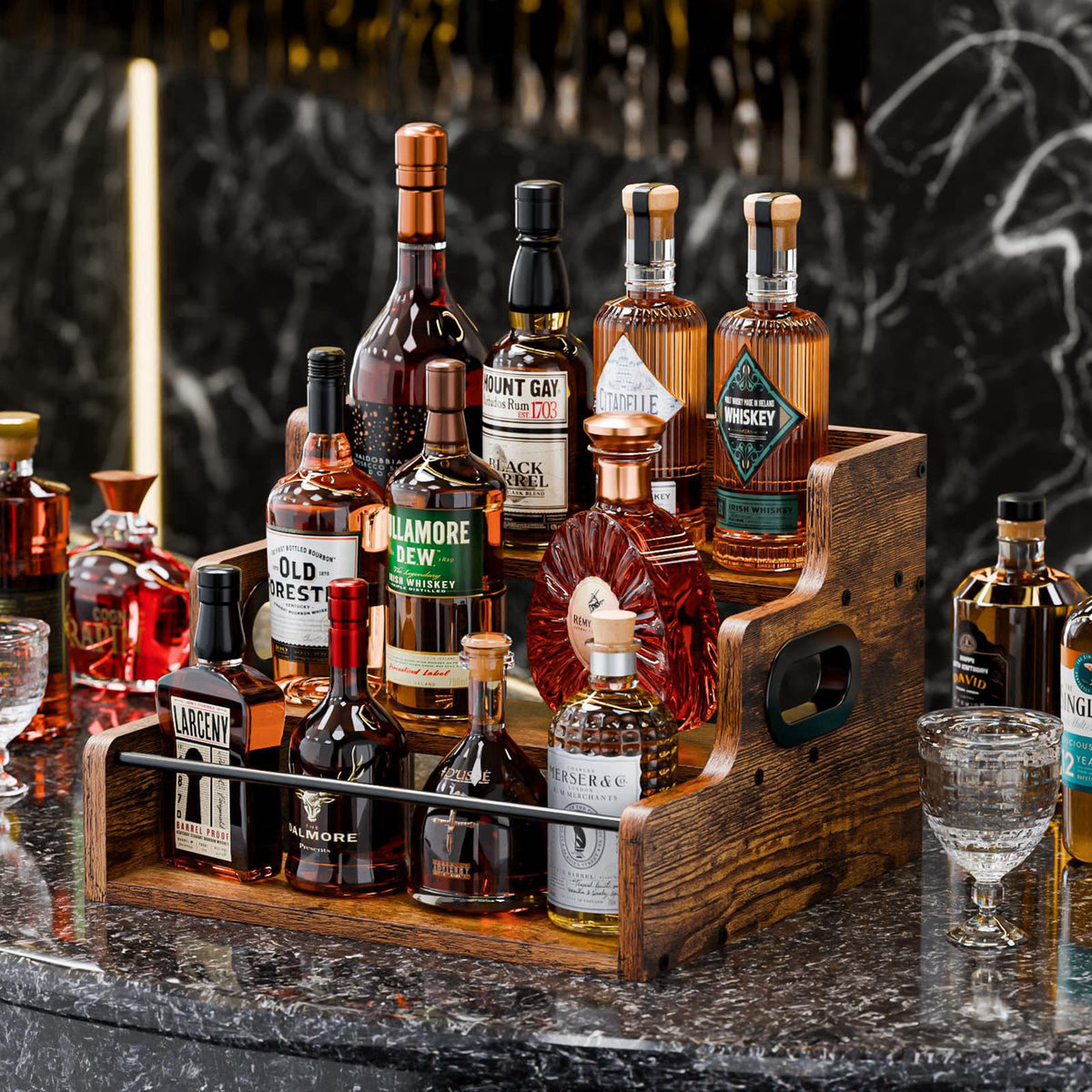 KLM Liquor Bottle Display Shelf, Coffee Syrup Rack Organizer, 3 Step Countertop Liquor Wine Rack, mini bar,liquor cabine