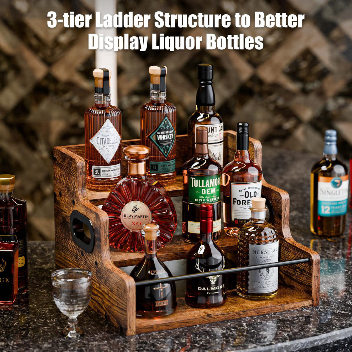 KLM Liquor Bottle Display Shelf, Coffee Syrup Rack Organizer, 3 Step Countertop Liquor Wine Rack, mini bar,liquor cabine