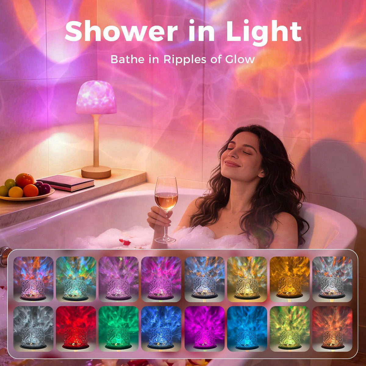 YJHAOTOU Waterproof Shower Lamp Rechargeable LED Ocean Projector Outdoor Table Lamps – packaging and label