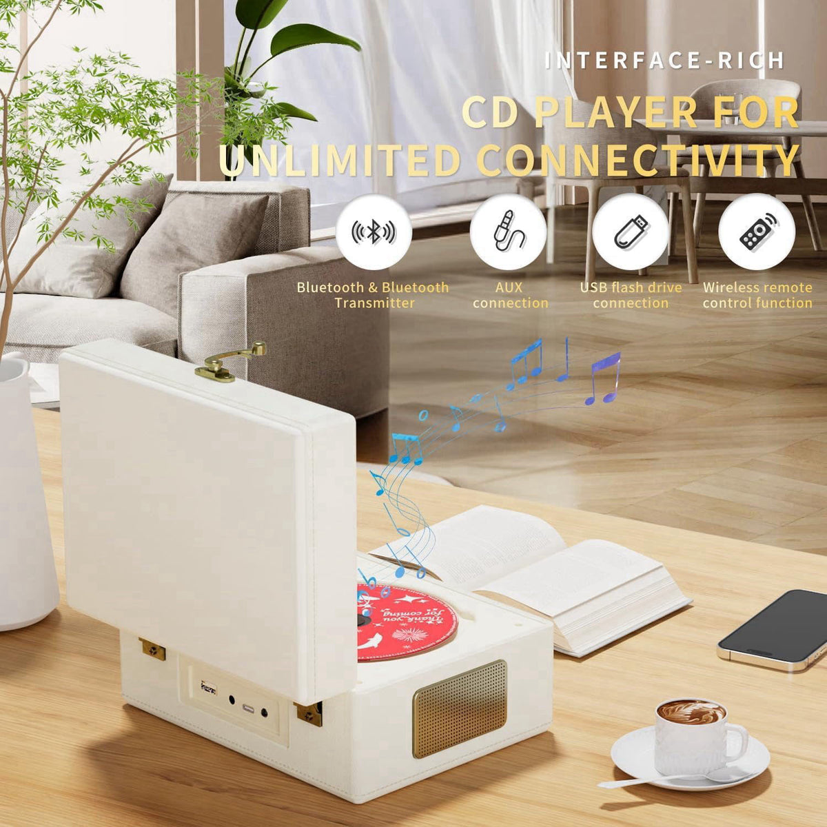Yintiny Rechargeable Leather CD Player with Speakers, Bluetooth Transmitter, Festival Gift, BGM Player for Home Decor., 