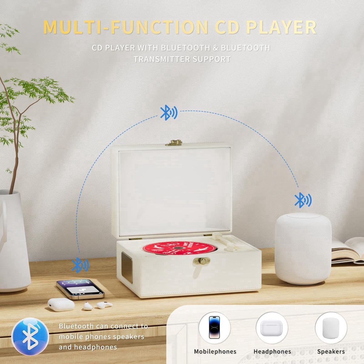 Yintiny Rechargeable Leather CD Player with Speakers, Bluetooth Transmitter, Festival Gift, BGM Player for Home Decor., 