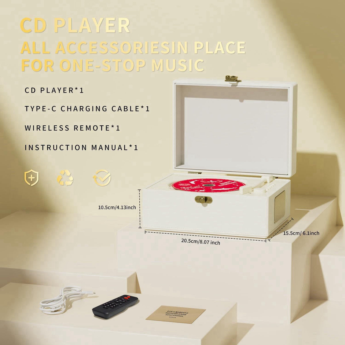 Yintiny Rechargeable Leather CD Player with Speakers, Bluetooth Transmitter, Festival Gift, BGM Player for Home Decor., 