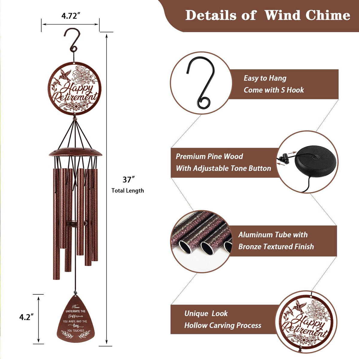 Doopeer Retirement Gift for Woman Men Coworker Friend, 37" Hummingbird Wind Chimes – close-up detail