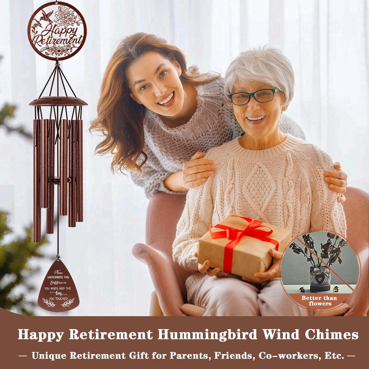 Doopeer Retirement Gift for Woman Men Coworker Friend, 37" Hummingbird Wind Chimes – packaging and label