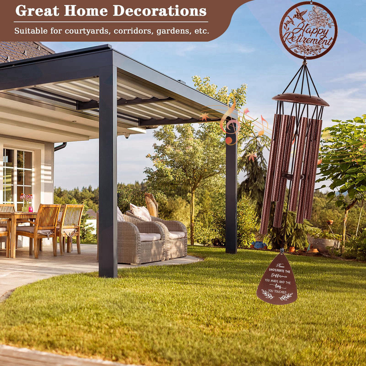 Doopeer Retirement Gift for Woman Men Coworker Friend, 37" Hummingbird Wind Chimes – back view and specifications