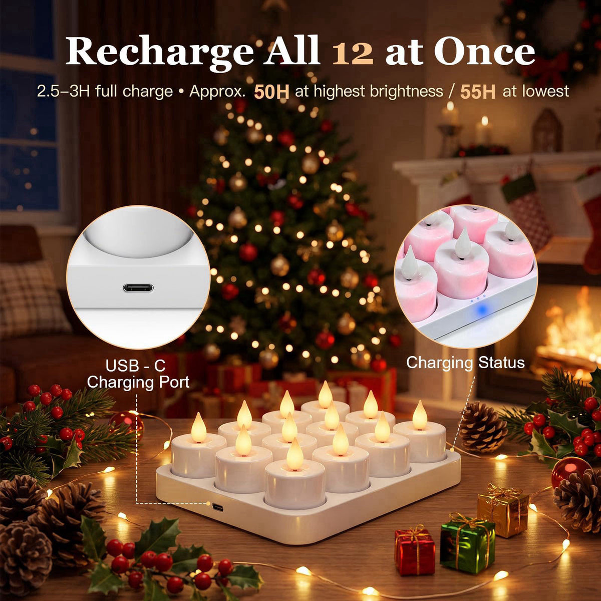 Fussion Rechargeable Tea Lights with Remote and Charging Dock, 12 Pack – close-up detail in White