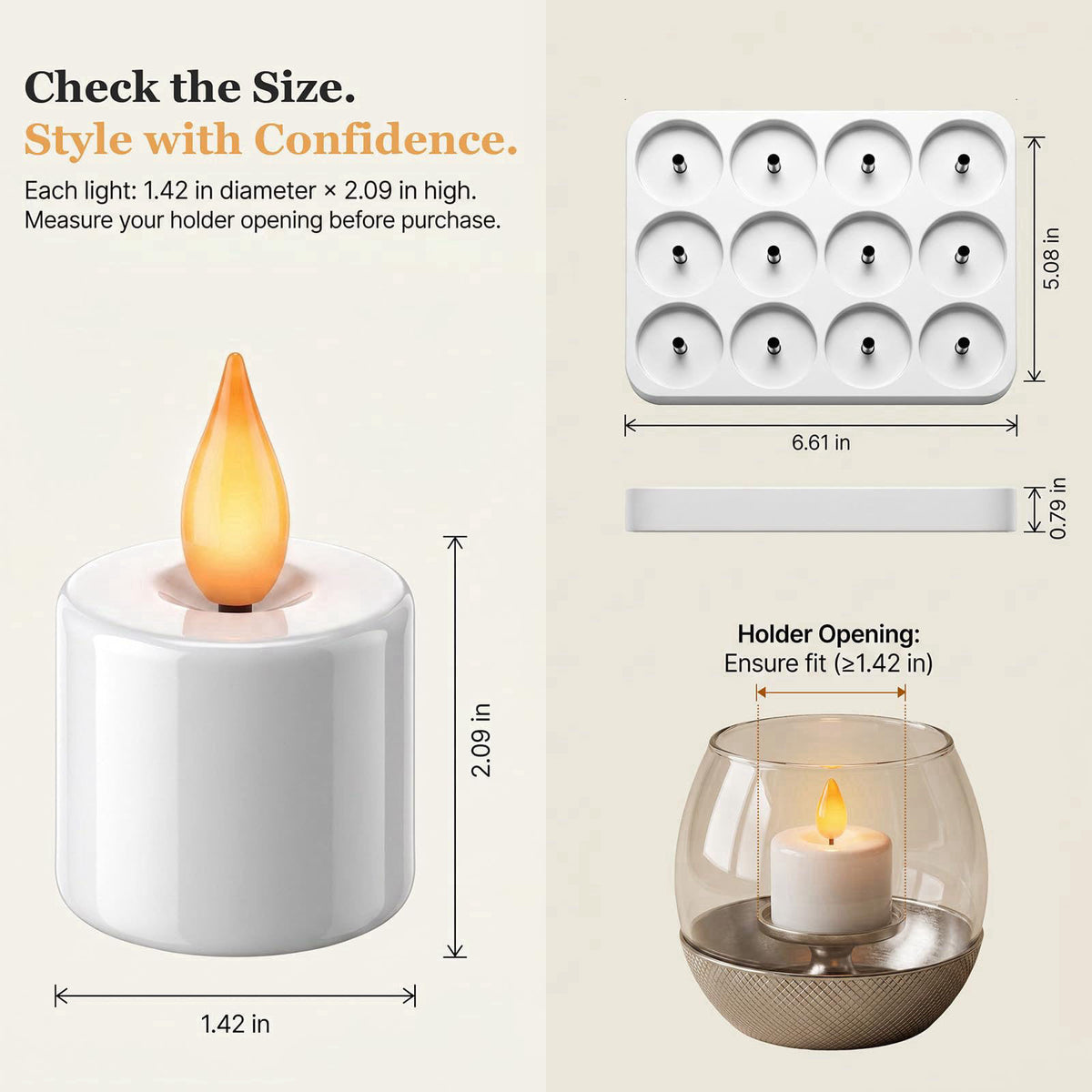 Fussion Rechargeable Tea Lights with Remote and Charging Dock, 12 Pack – back view and specifications