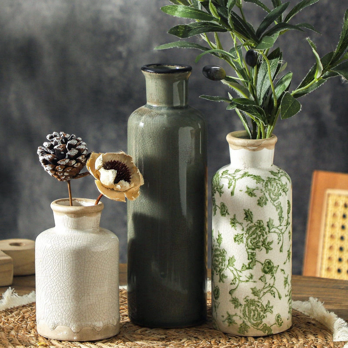 ooit Vintage Vase Set of 3, Ceramic Vintage Flower Vases, Chinoiserie Decorative Home Decor Retro Floral Vase Rustic Far