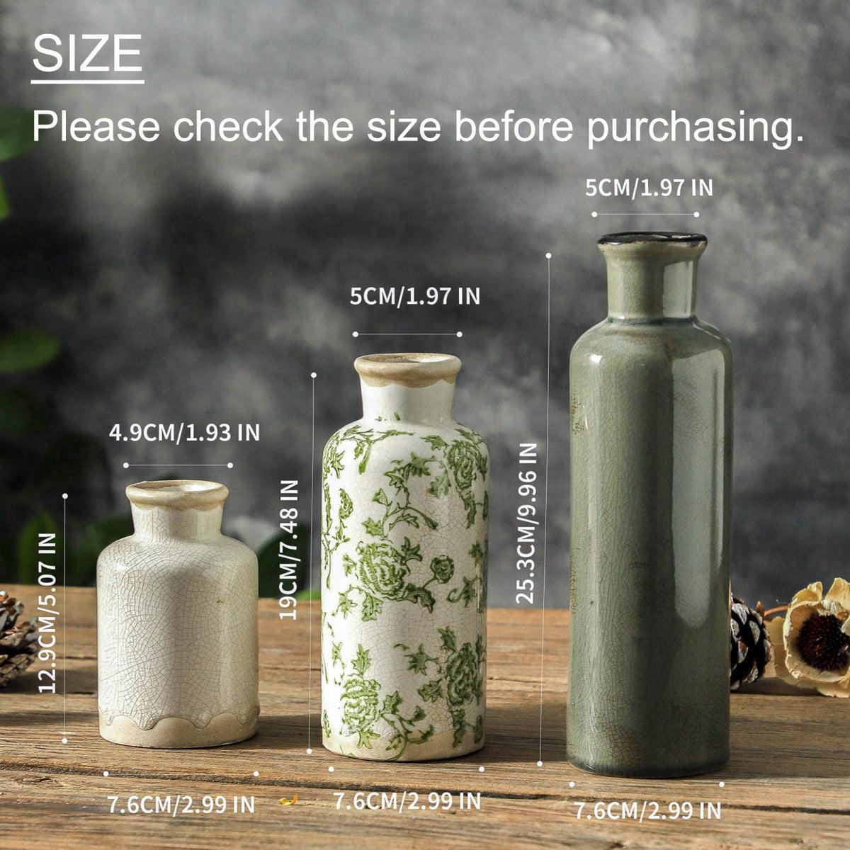 ooit Vintage Vase Set of 3, Ceramic Vintage Flower Vases, Chinoiserie Decorative Home Decor Retro Floral Vase Rustic Far