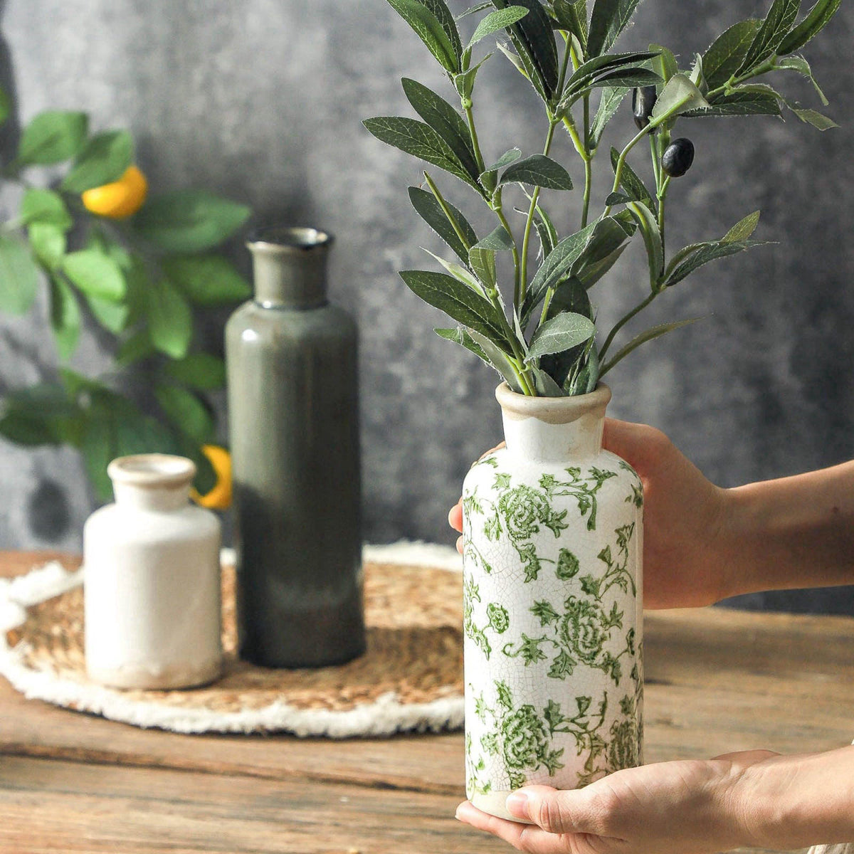 ooit Vintage Vase Set of 3, Ceramic Vintage Flower Vases, Chinoiserie Decorative Home Decor Retro Floral Vase Rustic Far