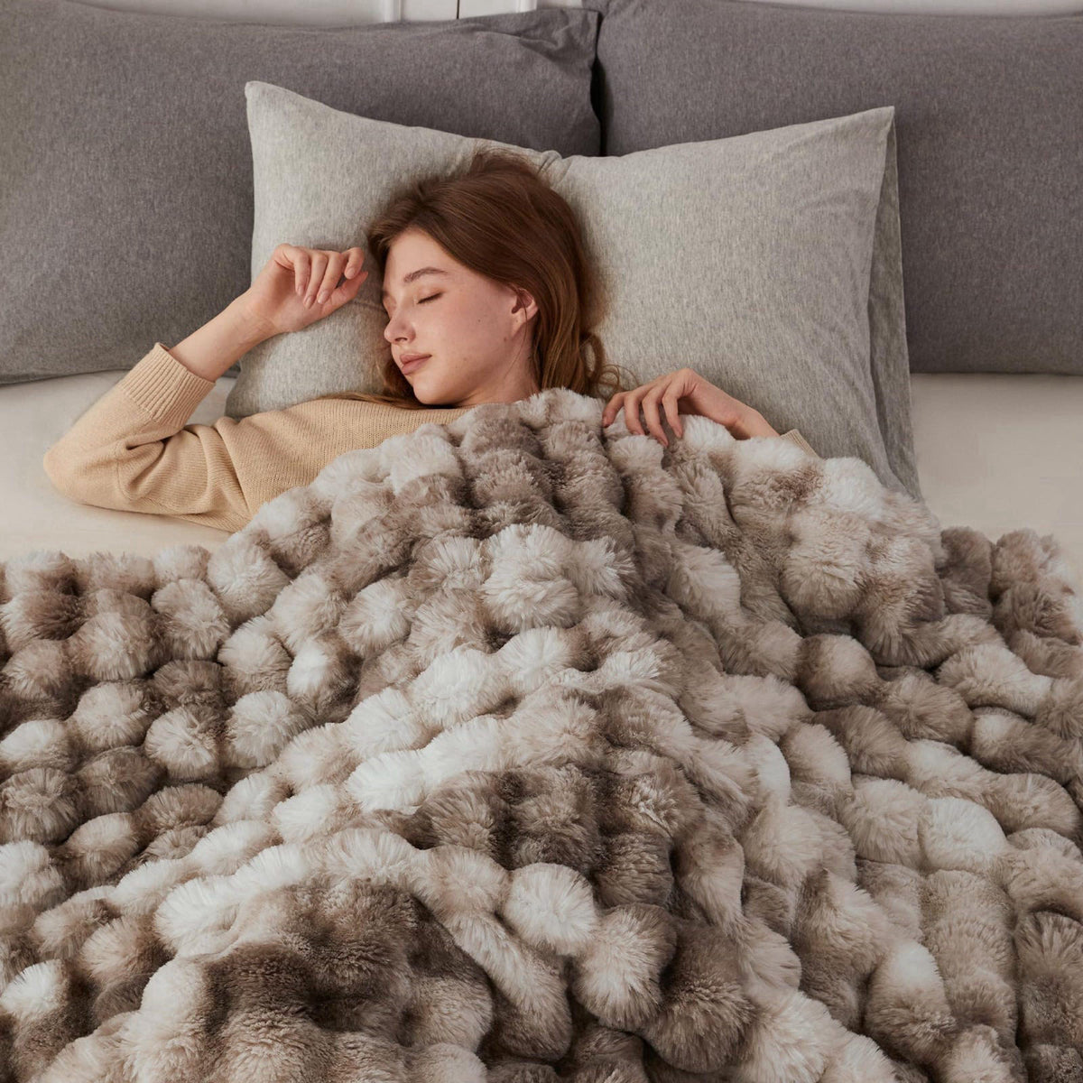 COOVA Soft Bubble Faux Fur Throw Blanket, 50"x60", Tie-dye Brown – packaging and label