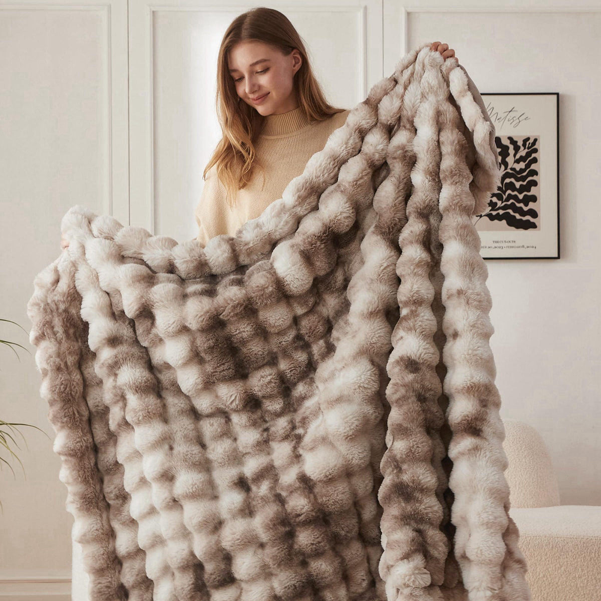 COOVA Soft Bubble Faux Fur Throw Blanket, 50"x60", Tie-dye Brown – full view, size Throw (50" x 60")