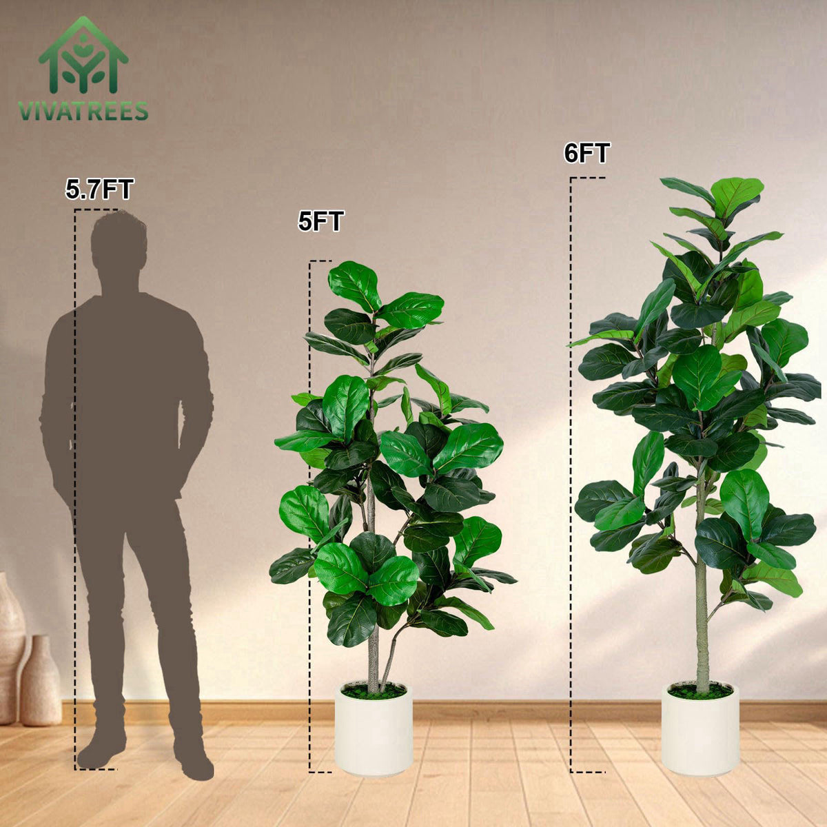 VIVATREES 5FT Fiddle Leaf Fig Artificial Tree with White Planter Pot,Faux Floor Plant, Indoor and Outdoor Fake Plants fo
