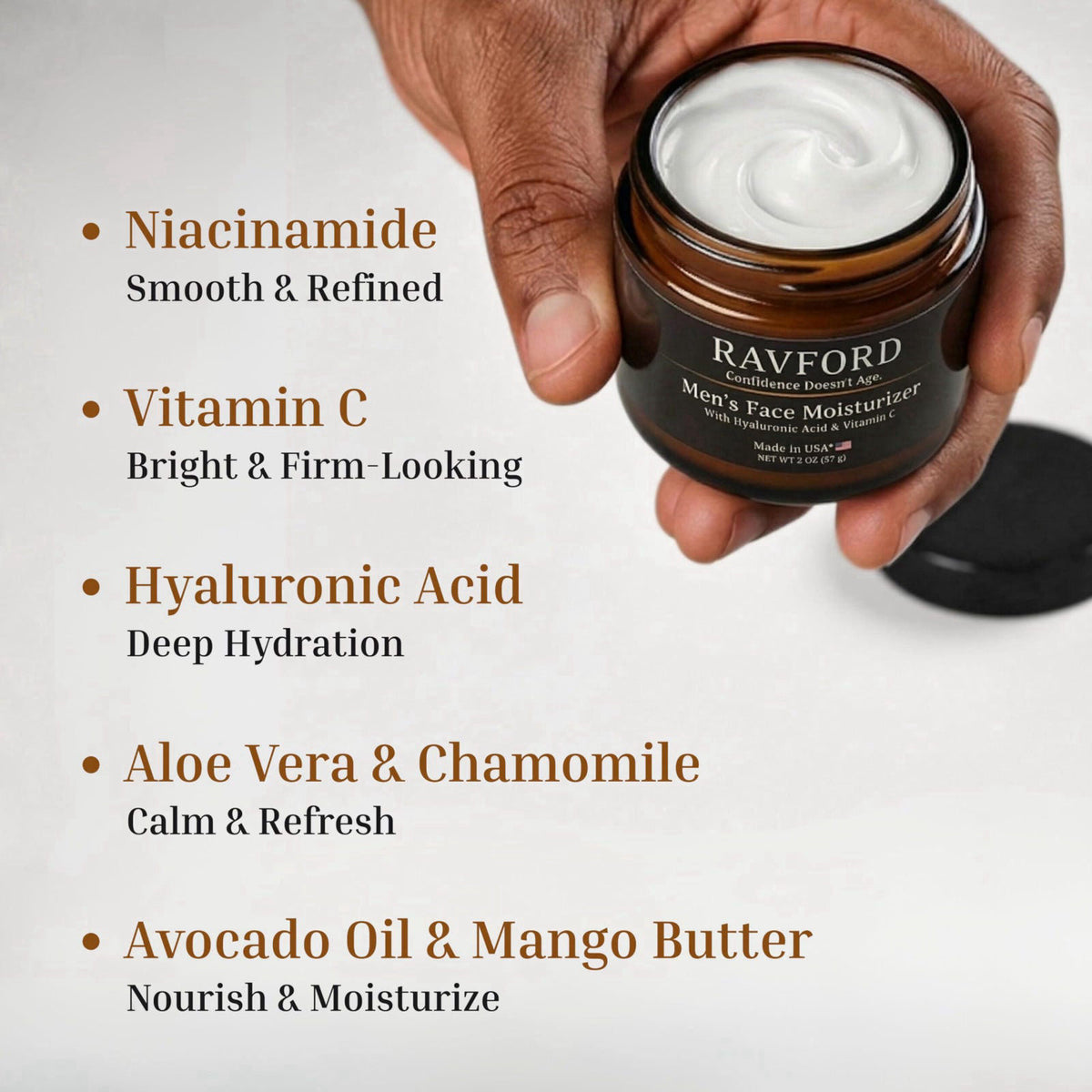 RAVFORD Men's Matte Face Moisturizer, Hyaluronic Acid & Vitamin C, 2oz – packaging and label