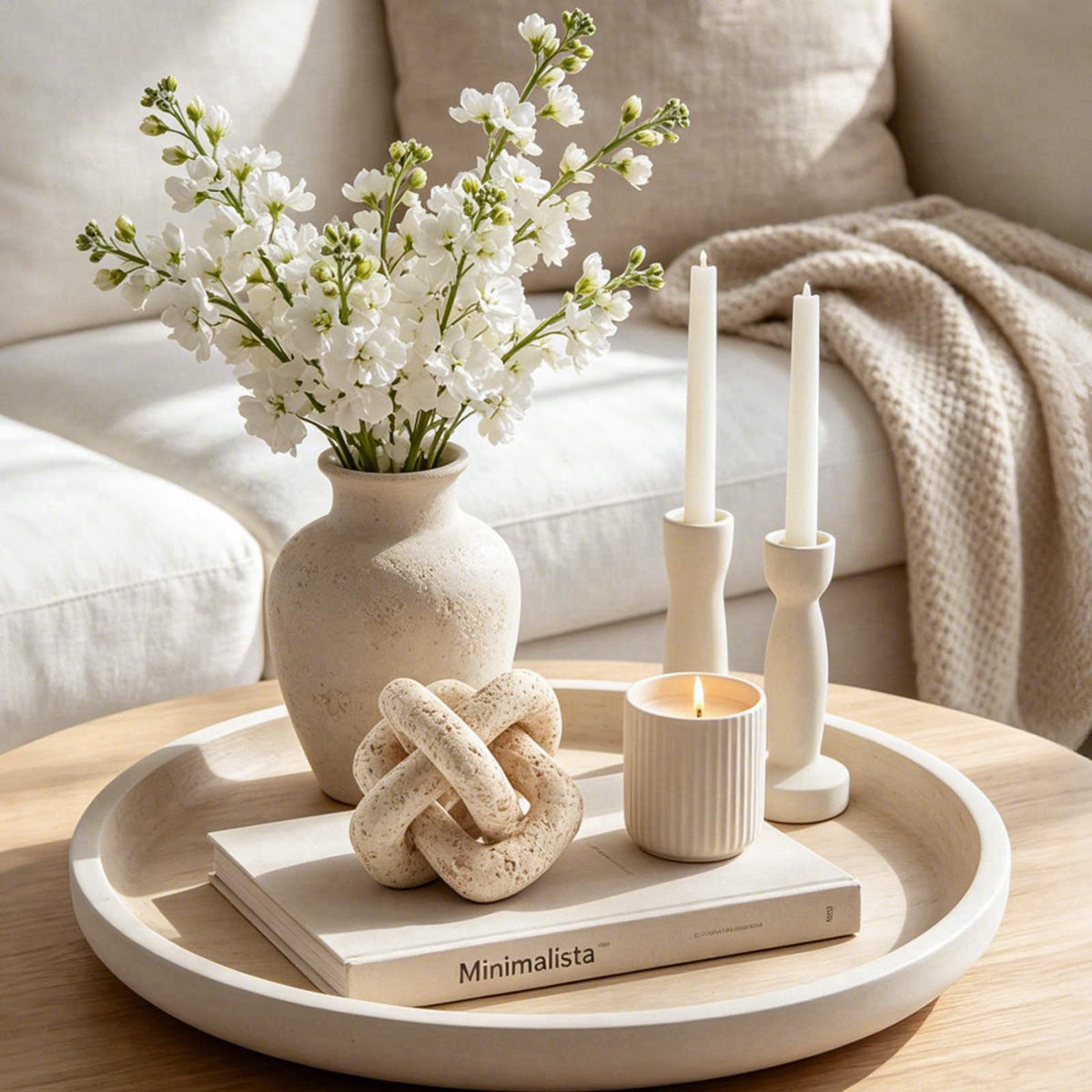 DN DECONATION 3 Link Knot Decor, Beige Travertine Coffee Table Decoration – full view