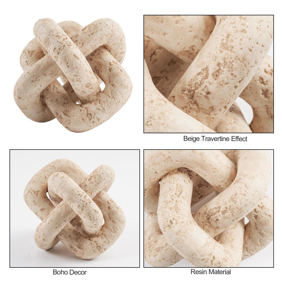 DN DECONATION 3 Link Knot Decor, Beige Travertine Coffee Table Decoration – back view and specifications