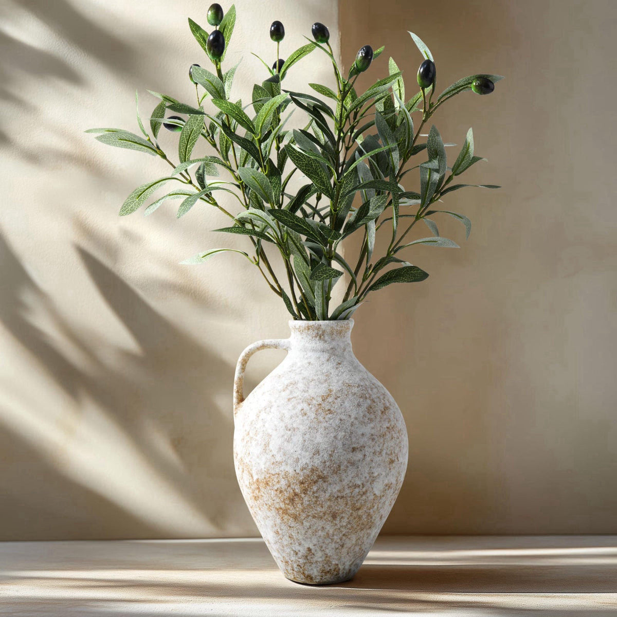ASHELYULLA Vintage Ceramic Vase with Fake Olive Branches, Farmhouse White Vase with 2Pcs Faux Olive Plant Greenery for H
