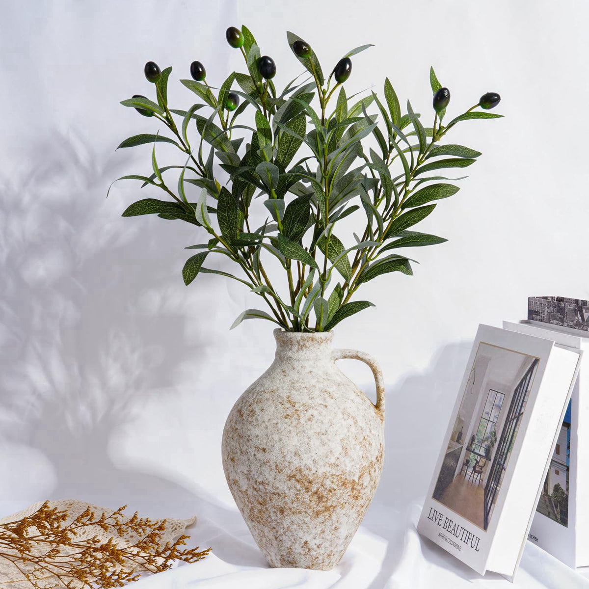 ASHELYULLA Vintage Ceramic Vase with Fake Olive Branches, Farmhouse White Vase with 2Pcs Faux Olive Plant Greenery for H