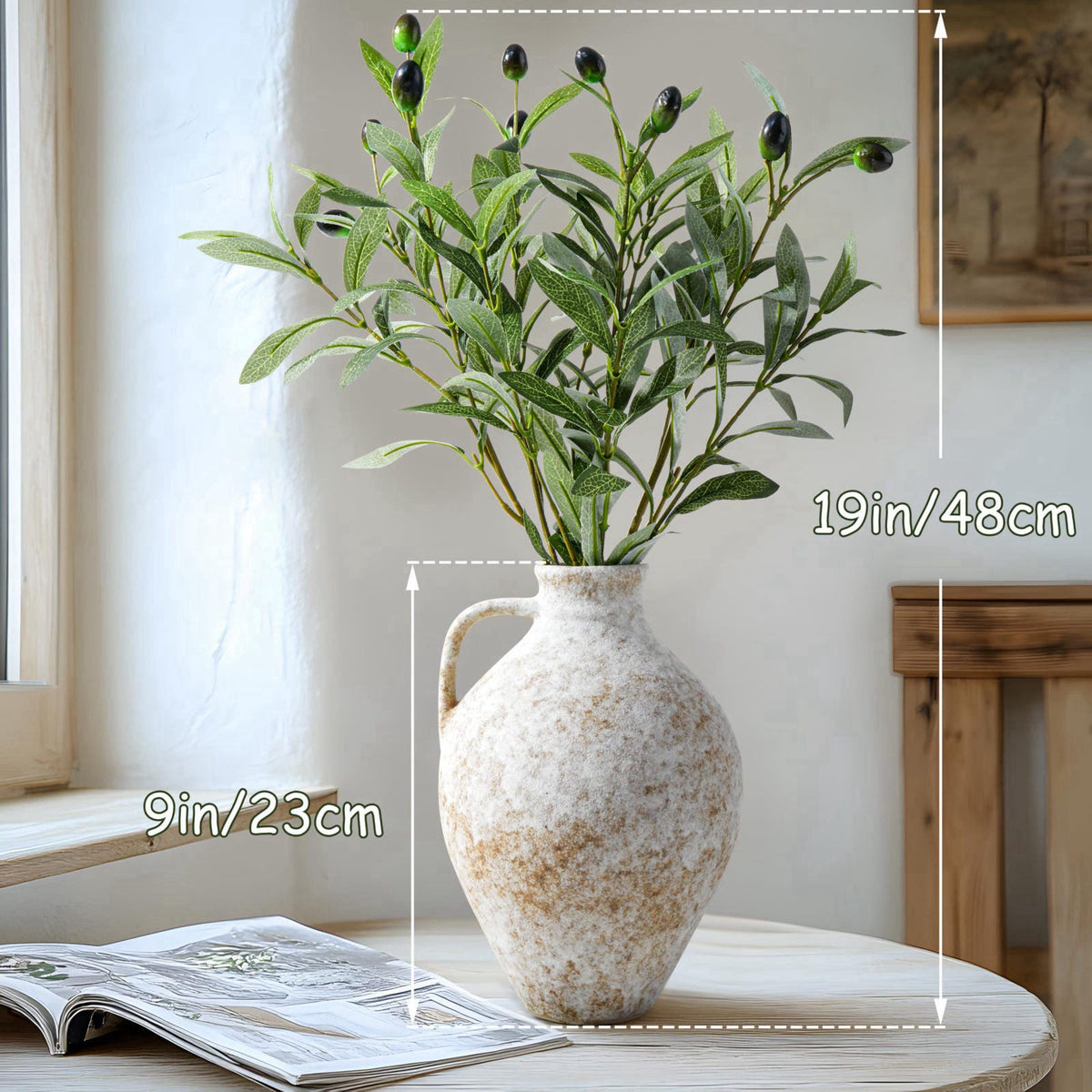 ASHELYULLA Vintage Ceramic Vase with Fake Olive Branches, Farmhouse White Vase with 2Pcs Faux Olive Plant Greenery for H