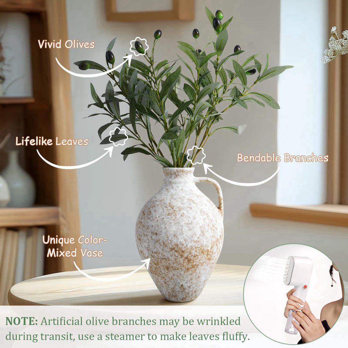 ASHELYULLA Vintage Ceramic Vase with Fake Olive Branches, Farmhouse White Vase with 2Pcs Faux Olive Plant Greenery for H