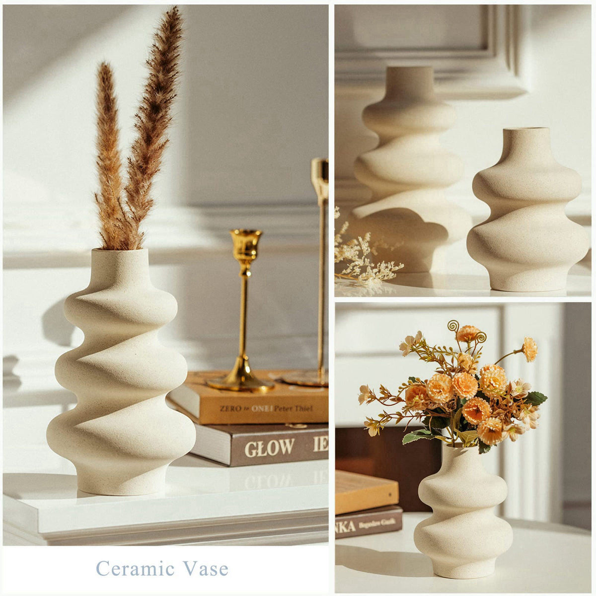 Steviieden Ceramic Vases Set, Boho Home Decor Vase, Off White, Set of 2 – full view