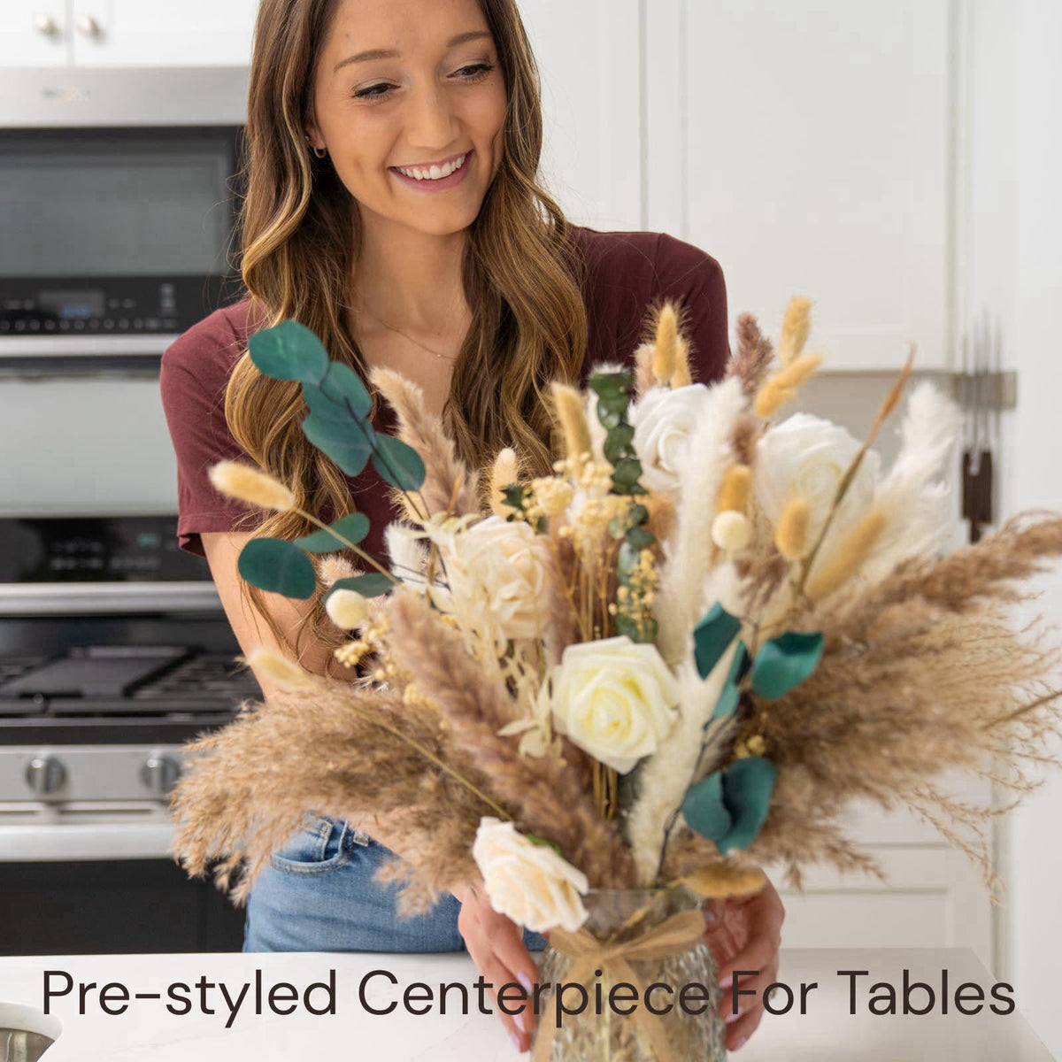 RyddeligHome 100pcs Artificial Flowers Arrangement With Vase, Dining Table Centerpiece – back view and specifications