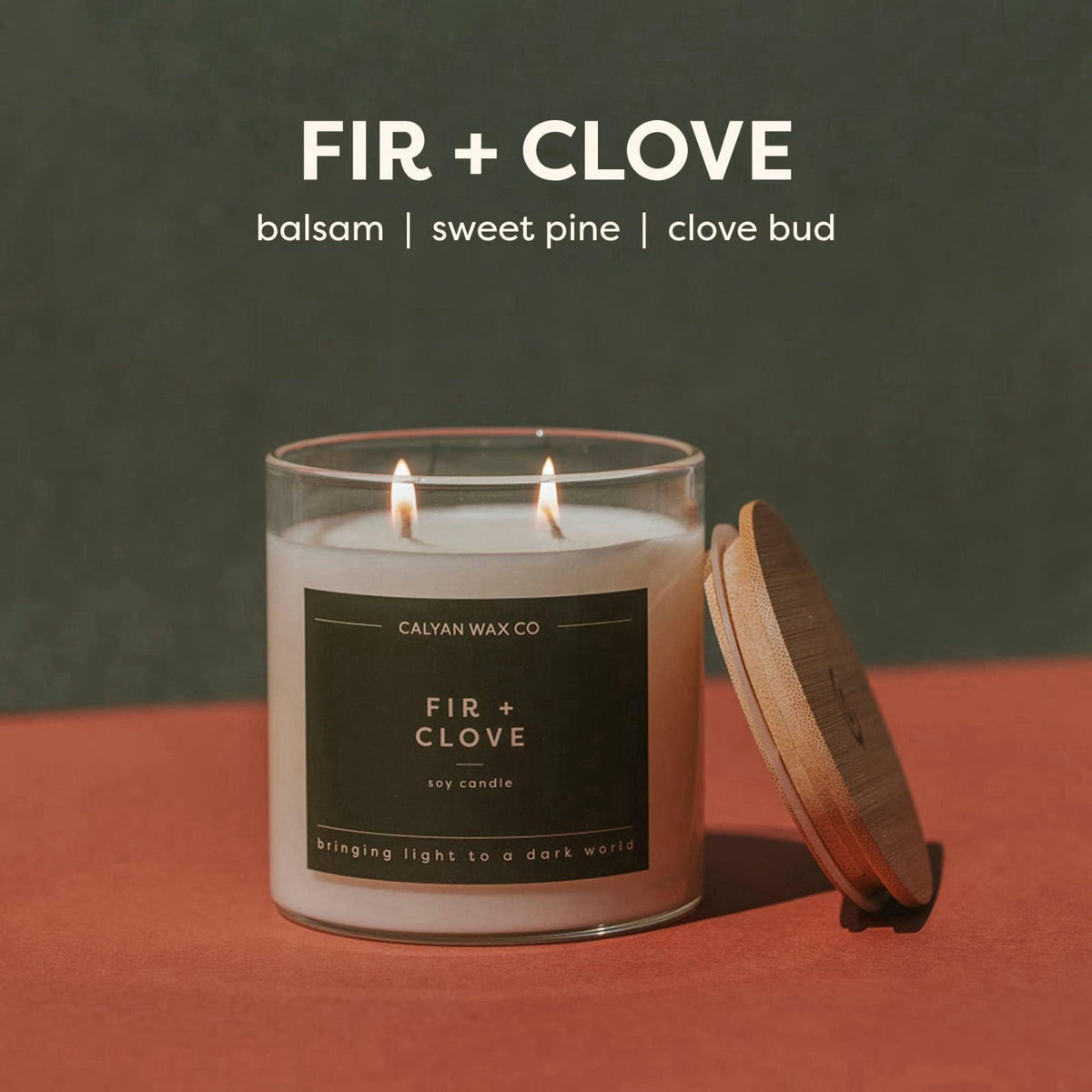 Calyan Wax Co. Fir & Clove 2 Wick Scented Candle - 37 Hour Burn – close-up detail in Fir + Clove