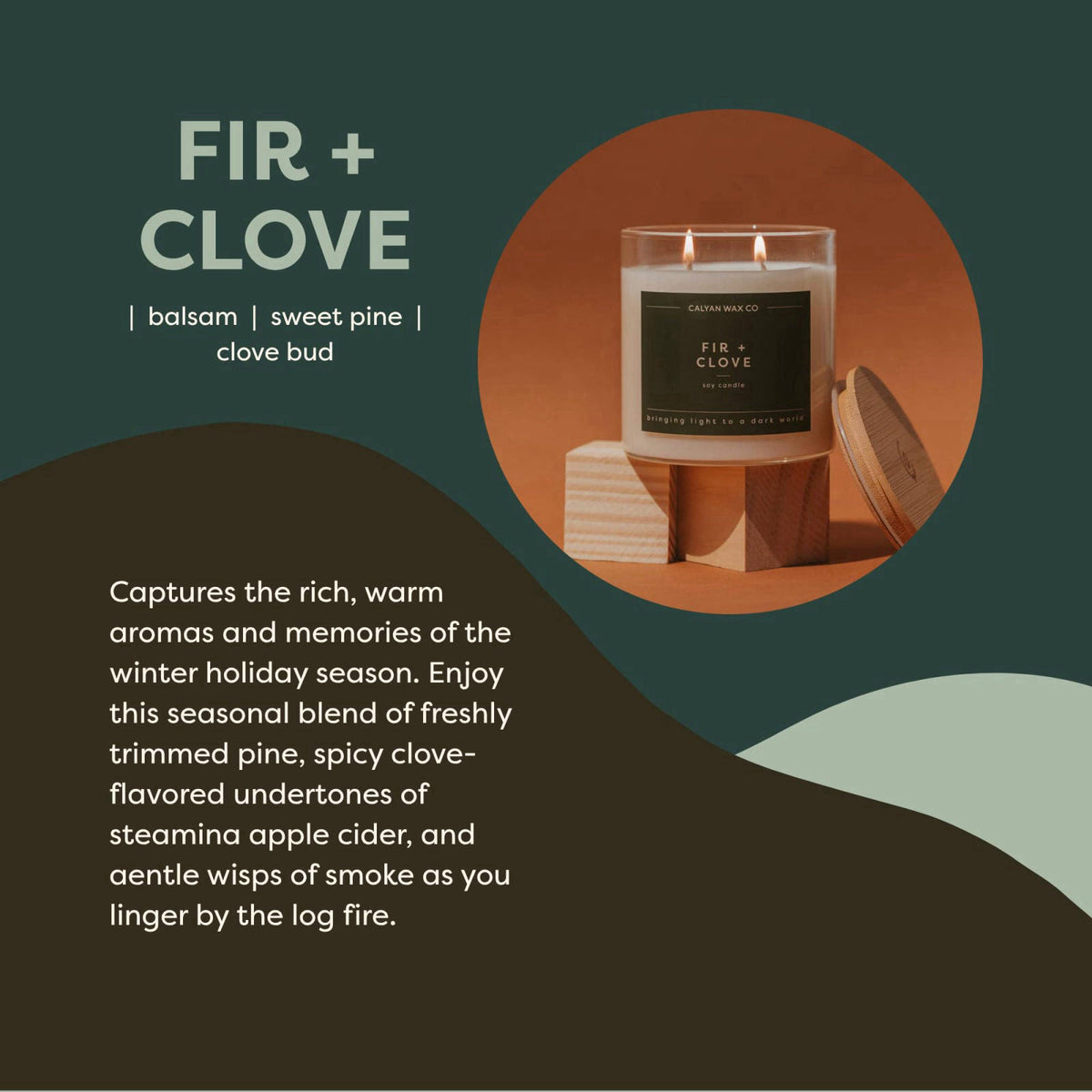 Calyan Wax Co. Fir & Clove 2 Wick Scented Candle - 37 Hour Burn – back view and specifications