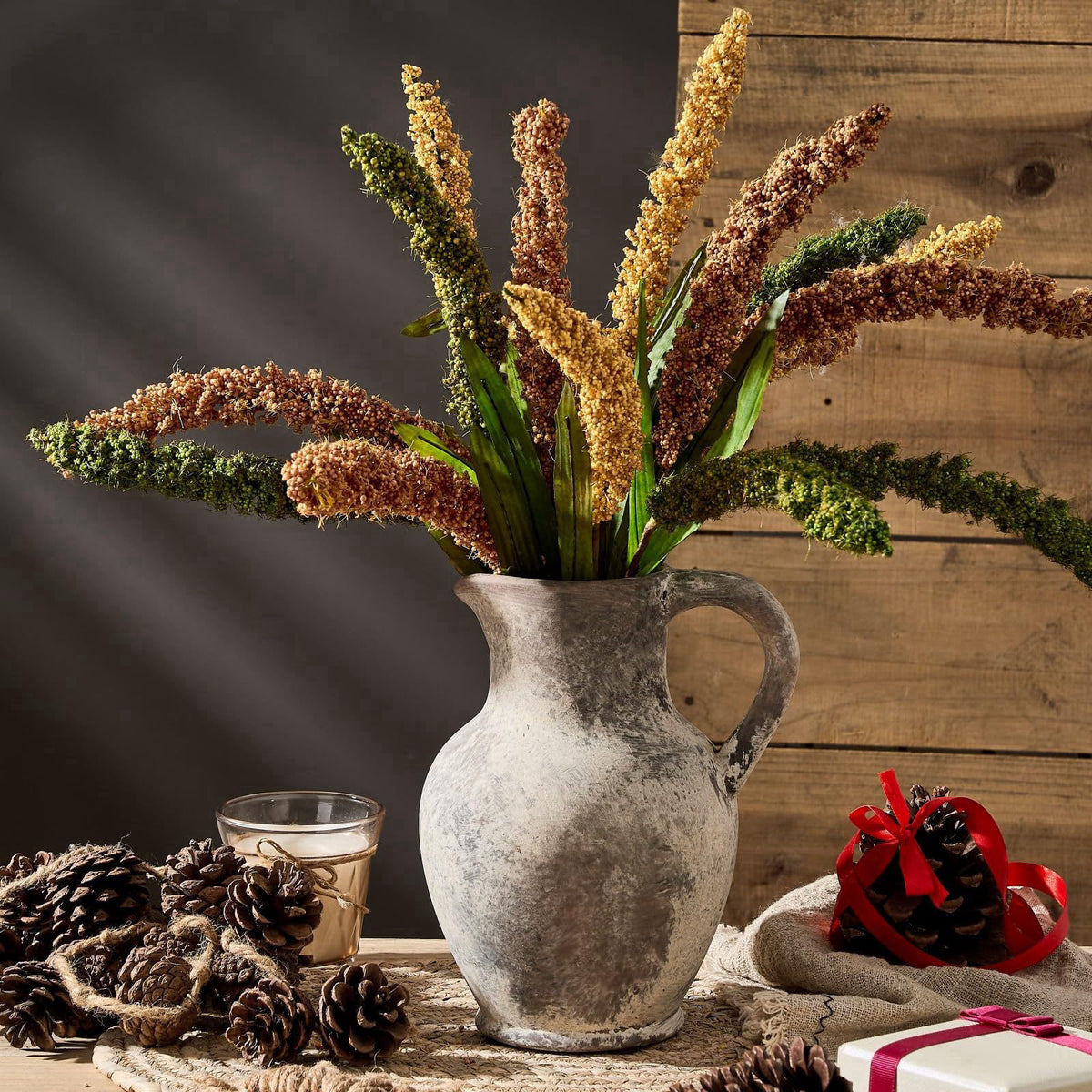 SIDUCAL Ceramic Rustic Farmhouse Vase with Handle, Terracotta Vase, Minimalist Decorative Vases for Home Decor, Table, L