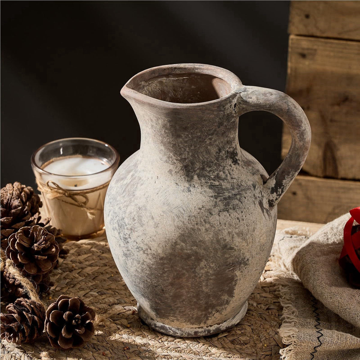 SIDUCAL Ceramic Rustic Farmhouse Vase with Handle, Terracotta Vase, Minimalist Decorative Vases for Home Decor, Table, L