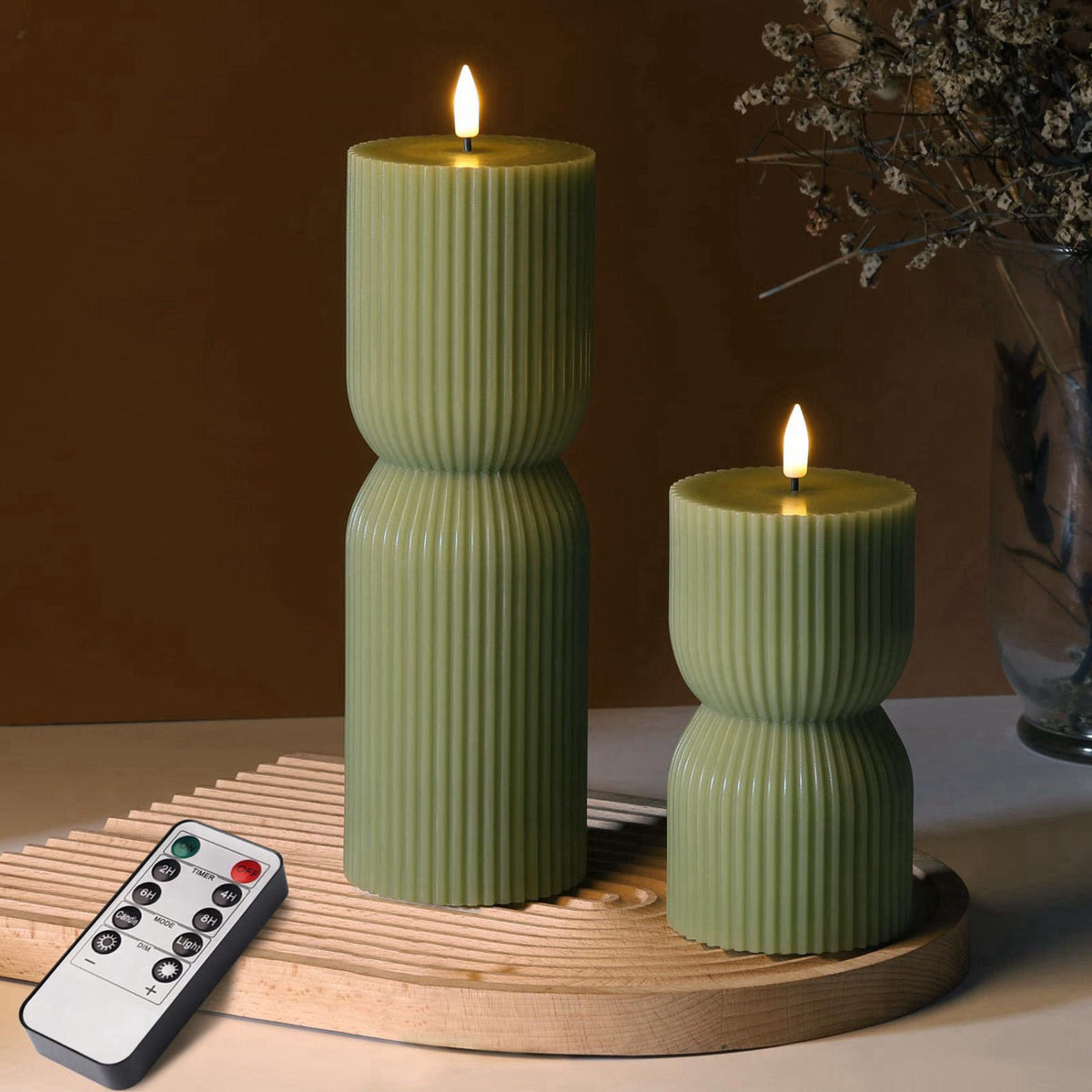 Girimax Olive Green Ribbed Flameless Pillar Candles with Remote Set of 2 – product photo (Flameless Candles)
