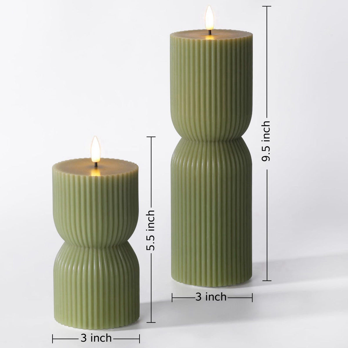 Girimax Olive Green Ribbed Flameless Pillar Candles with Remote Set of 2 – close-up detail