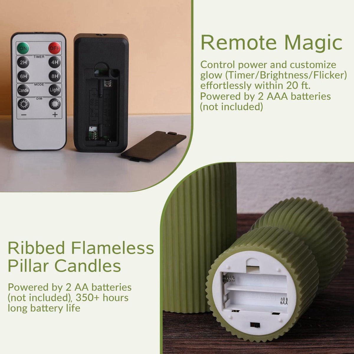 Girimax Olive Green Ribbed Flameless Pillar Candles with Remote Set of 2 – packaging and label