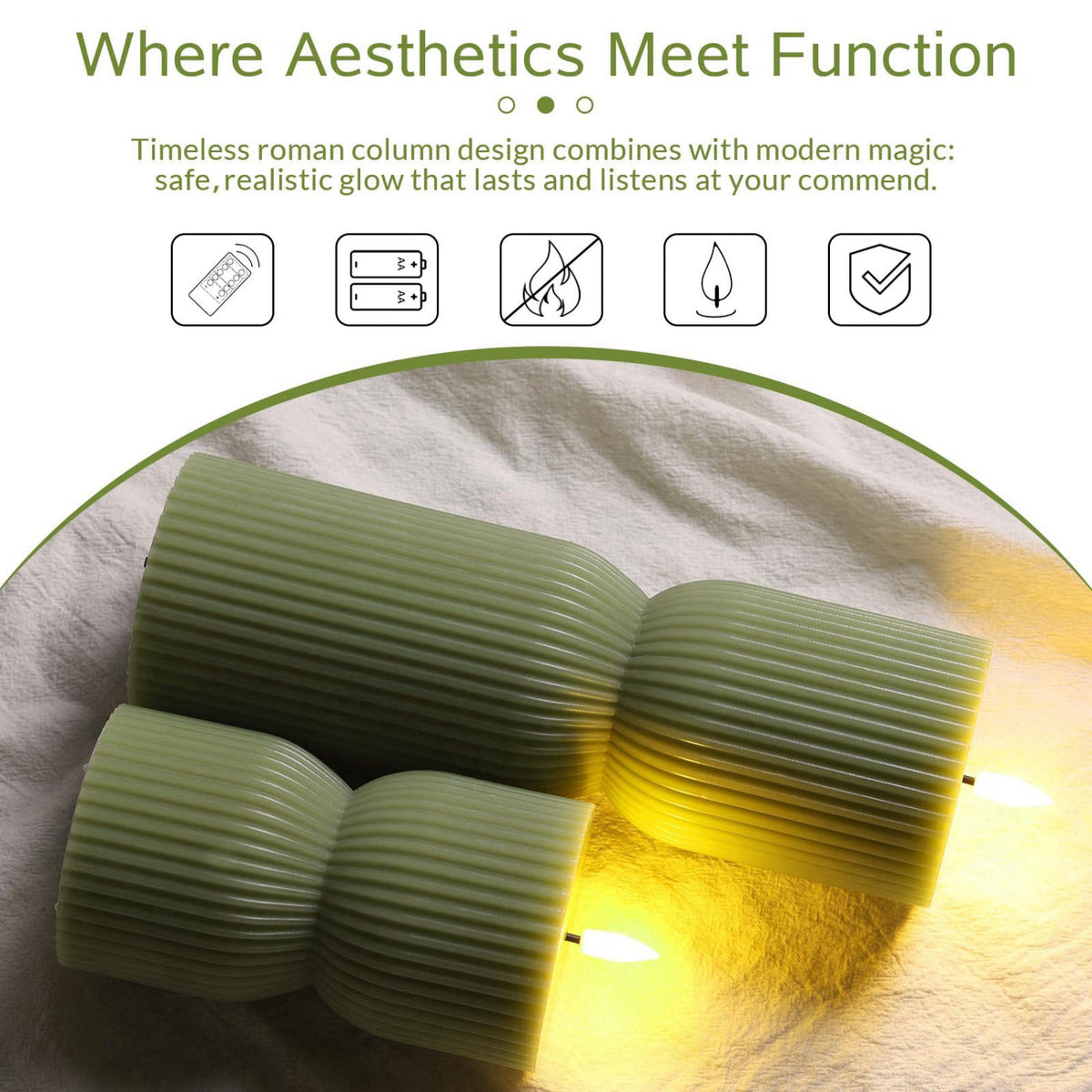 Girimax Olive Green Ribbed Flameless Pillar Candles with Remote Set of 2 – full view