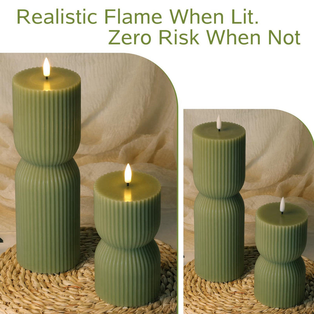 Girimax Olive Green Ribbed Flameless Pillar Candles with Remote Set of 2 – back view and specifications