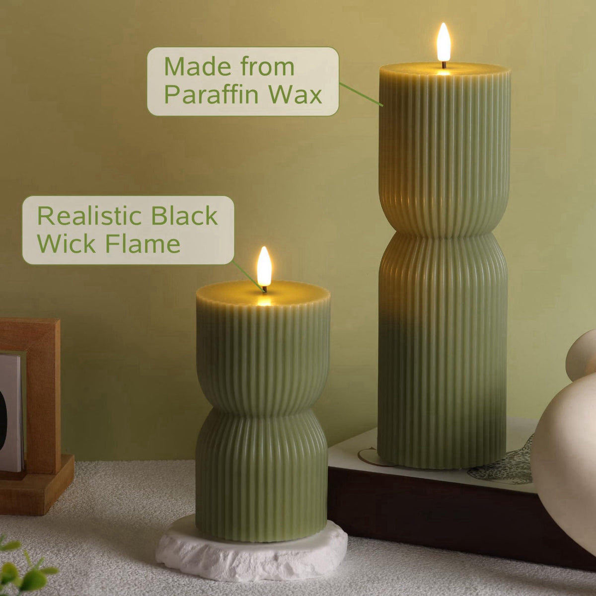 Girimax Olive Green Ribbed Flameless Pillar Candles with Remote Set of 2 – alternate angle