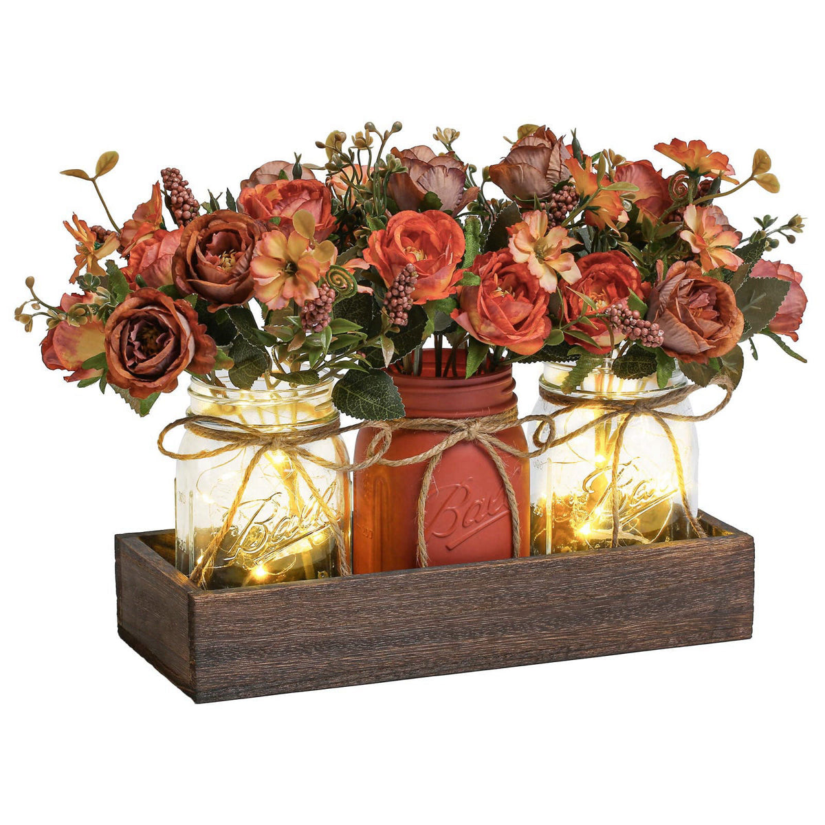DUOER 3 Pcs Mason Jar Centerpiece Table Decorations for Dining Table Decor Farmhouse Coffee Table Decor with Wood Tray a
