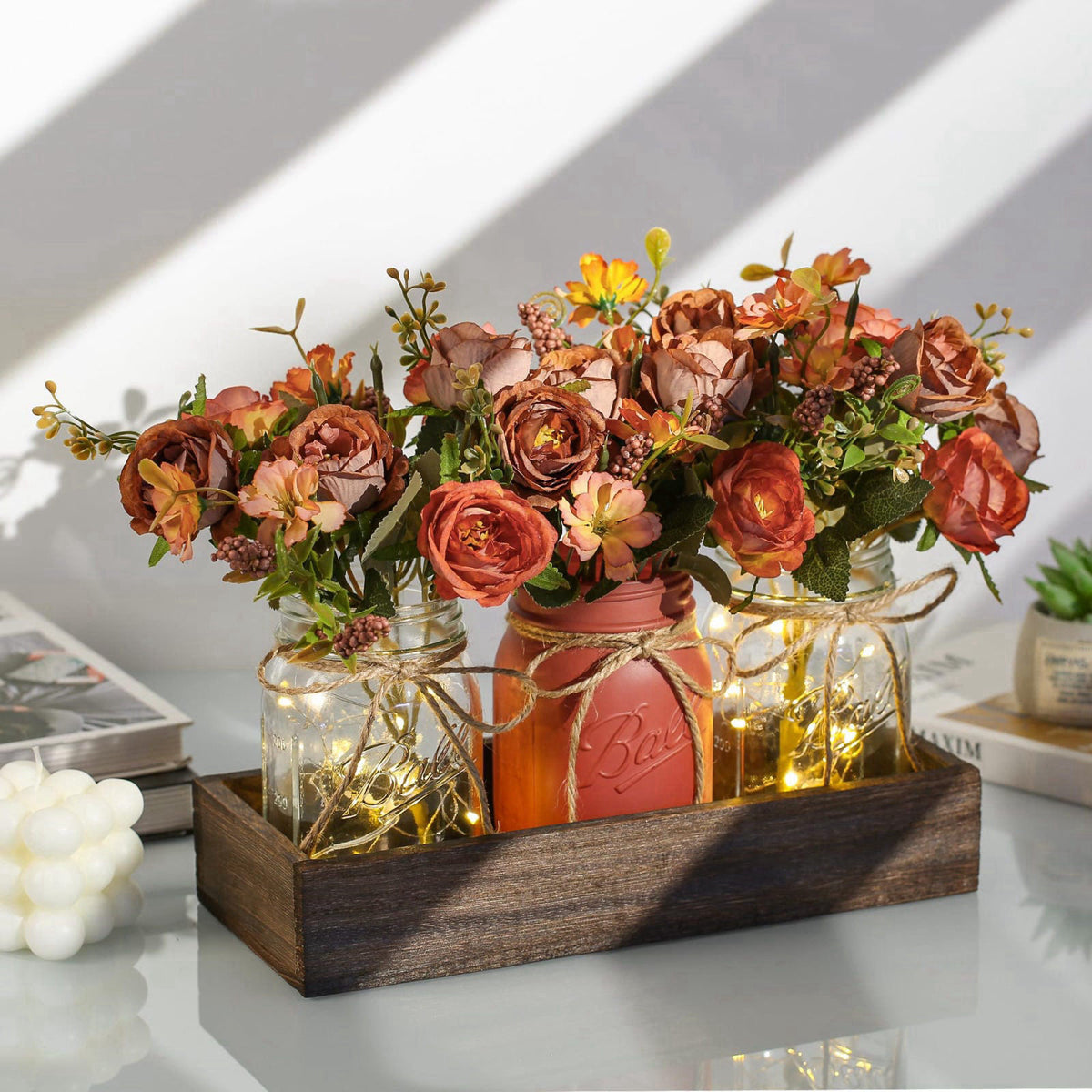 DUOER 3 Pcs Mason Jar Centerpiece Table Decorations for Dining Table Decor Farmhouse Coffee Table Decor with Wood Tray a