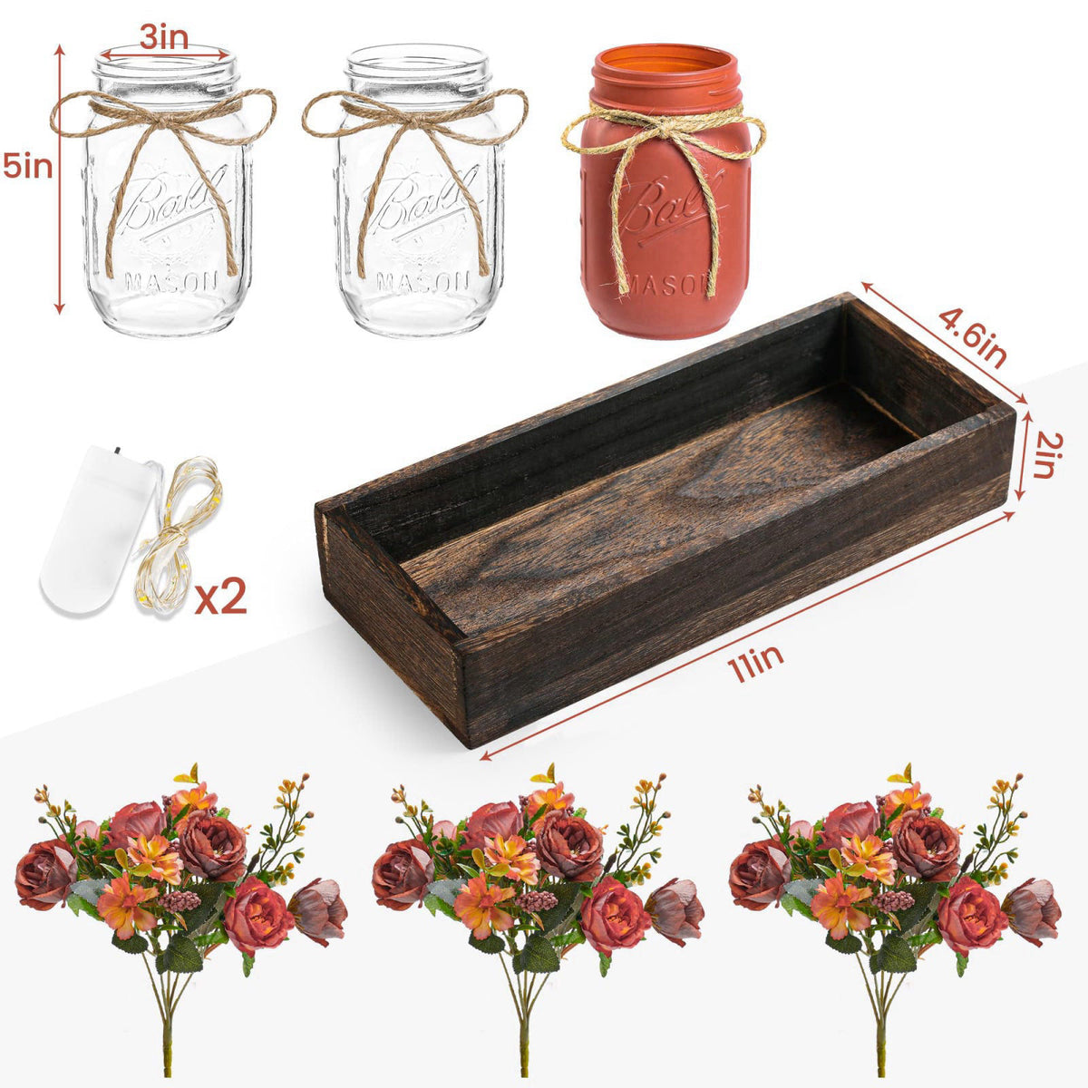 DUOER 3 Pcs Mason Jar Centerpiece Table Decorations for Dining Table Decor Farmhouse Coffee Table Decor with Wood Tray a