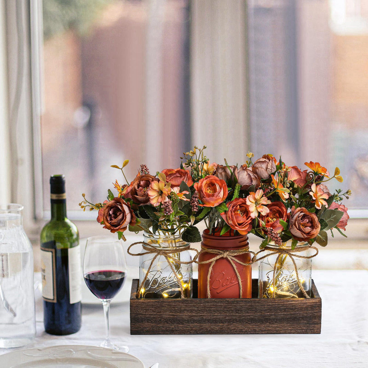 DUOER 3 Pcs Mason Jar Centerpiece Table Decorations for Dining Table Decor Farmhouse Coffee Table Decor with Wood Tray a