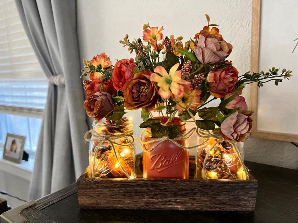 DUOER 3 Pcs Mason Jar Centerpiece Table Decorations for Dining Table Decor Farmhouse Coffee Table Decor with Wood Tray a