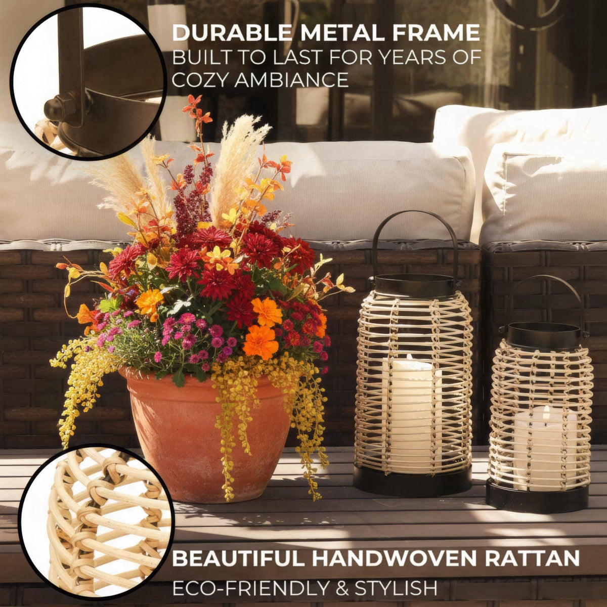 KIBAGA Natural Rattan Boho Lanterns - Handcrafted Chic Farmhouse Decor for Home – full view