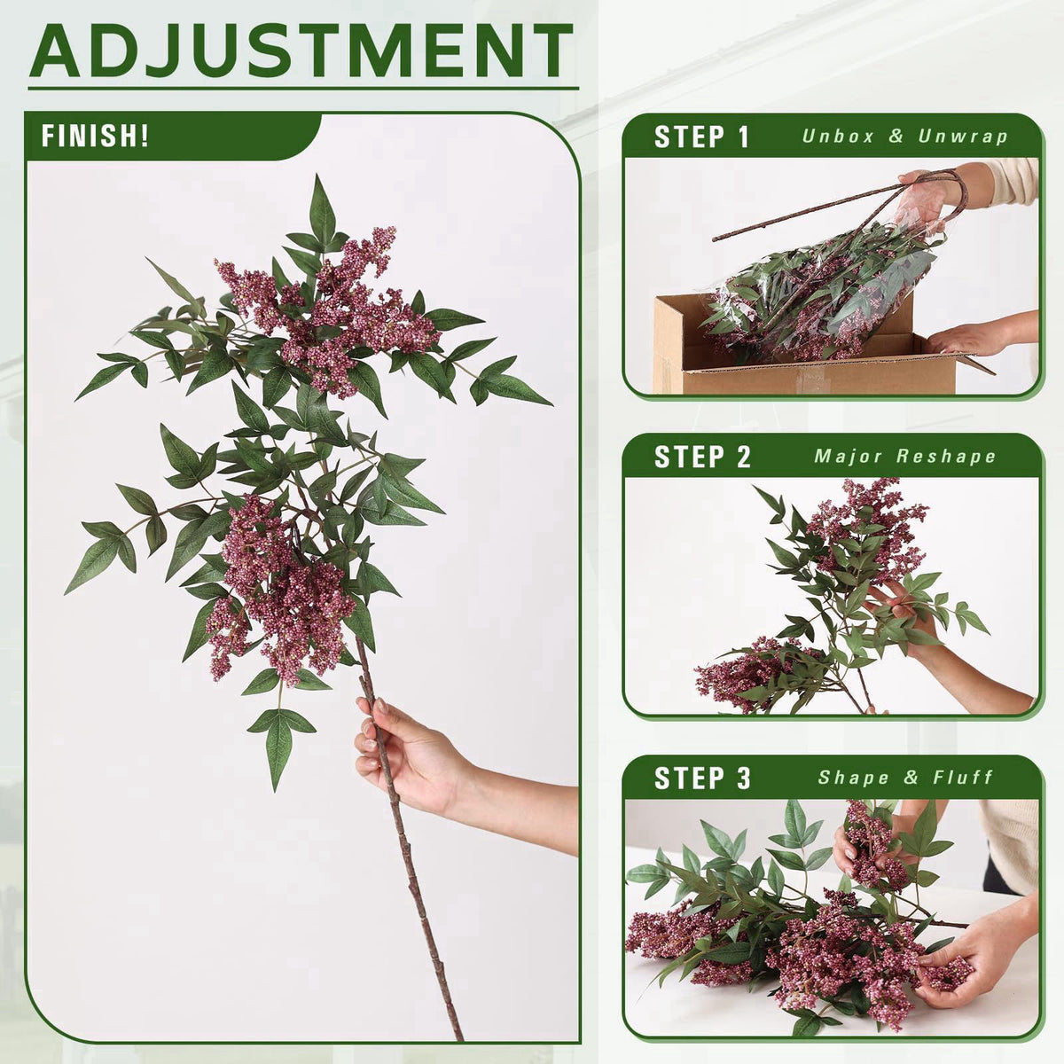 Juxdp 4 Pcs 36" Artificial Nandina Berry Stem, Fake Branches for Vase(Dusty Plum) – back view and specifications