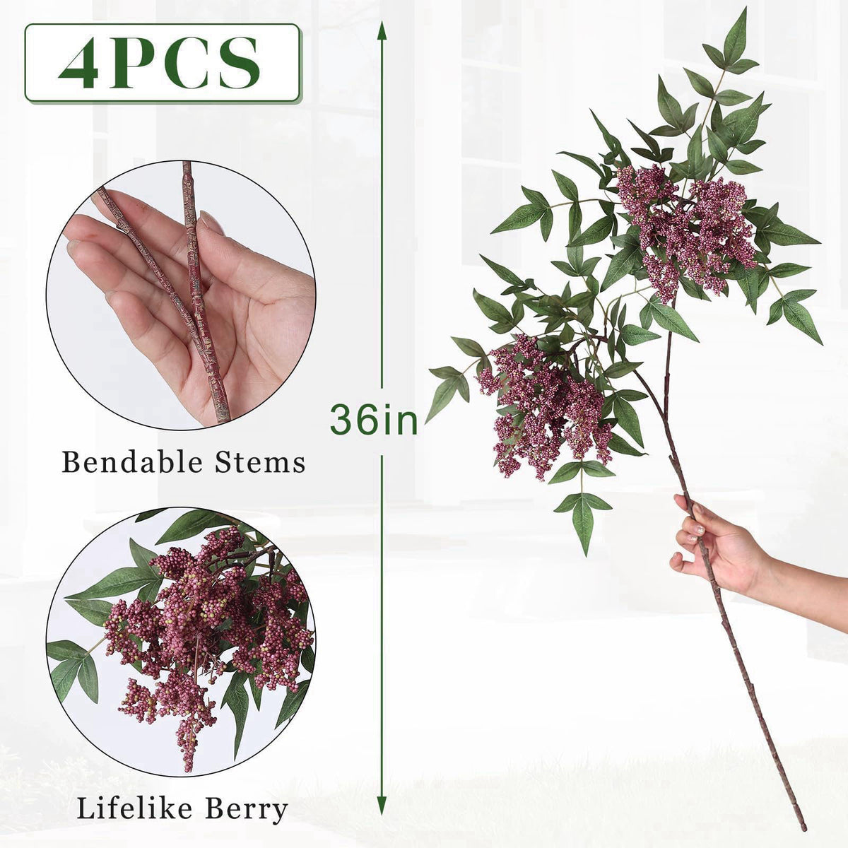 Juxdp 4 Pcs 36" Artificial Nandina Berry Stem, Fake Branches for Vase(Dusty Plum) – alternate angle